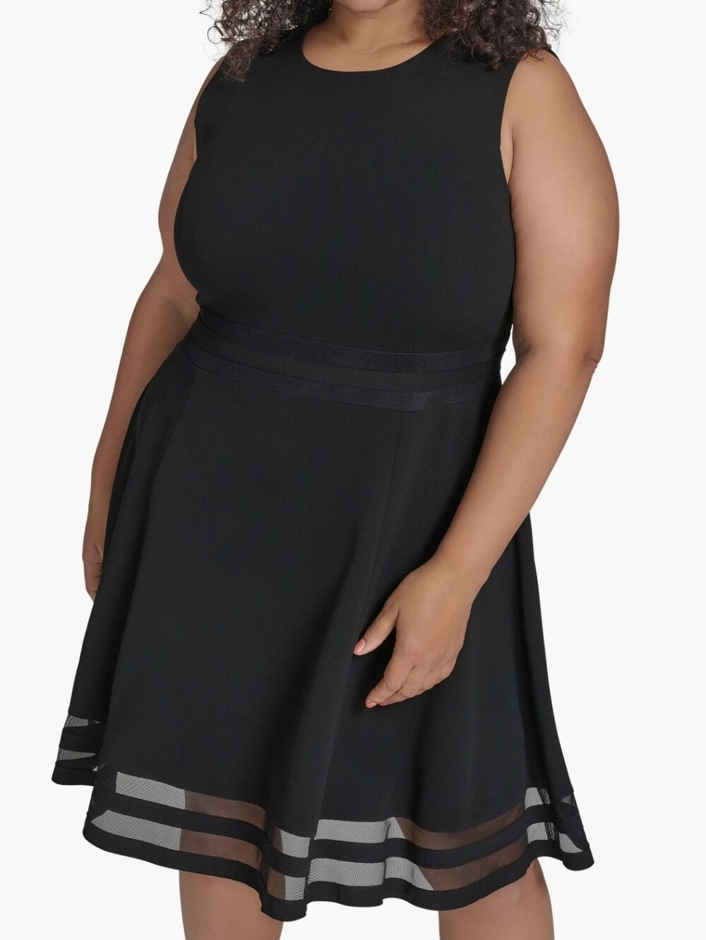 Calvin Klein Scuba Crepe Dress Black Sleeveless Fit Flare Sheer Hem Stripes Knee